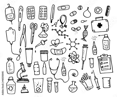 medical elements. hand-drawn hospital kit isolated black outline in the style of doodles on a white background. DNA,flasks, pills, masks, microscope, pills, first aid kit, template design