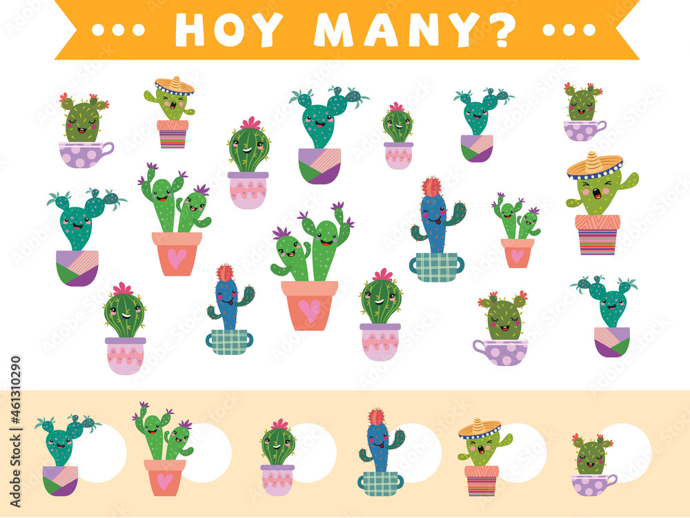 Counting children's play of cartoon variety of cacti in flowerpots.  Collection of teaching children. Count how many elements and write down the  result. Preschool worksheet. Stock Illustration | Adobe Stock