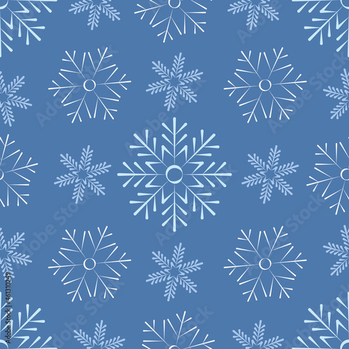 Christmas  New Year  holidays seamless pattern with painted snowflakes on a blue background. Winter texture for printing  paper  design  fabric  decor  gift  food packaging  backgrounds.