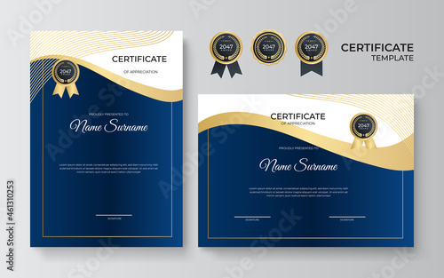 Multipurpose certificate of appreciation template with blue and gold color, modern luxury border certificate design with gold badge