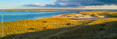 Sunset seascape with long shadows, gold-colored beach grasses over sand dunes in Chatham Lighthouse Beach photo