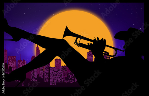 Canvas Print silhouette of a woman on the window with a musical trumpet against the backgroun
