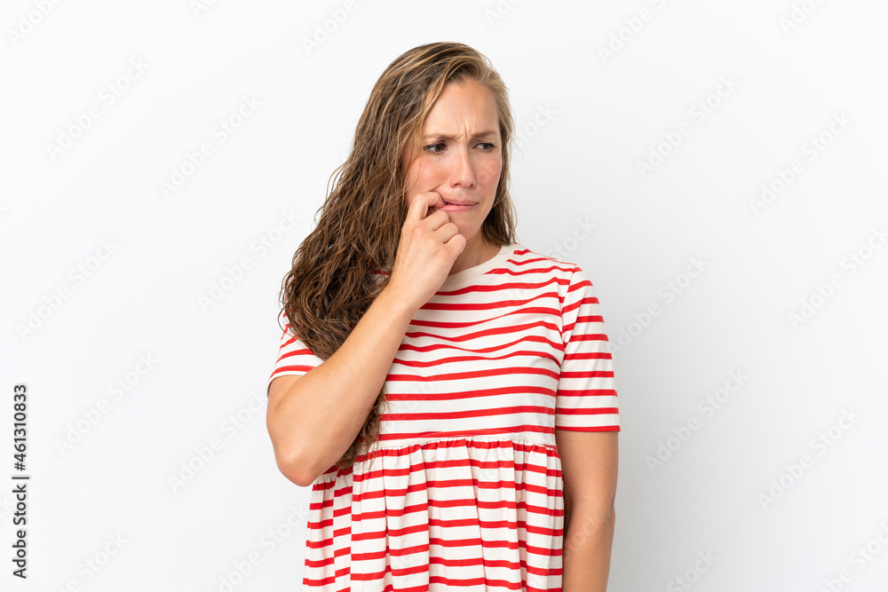 Young caucasian woman isolated on white background nervous and scared