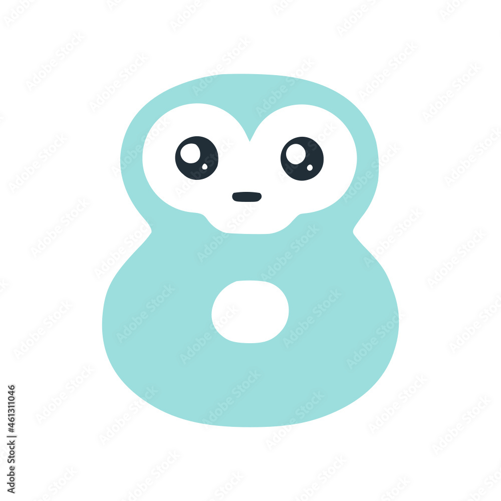 Fototapeta premium Number 8 cute kawaii character, turquoise funny smiley clipart