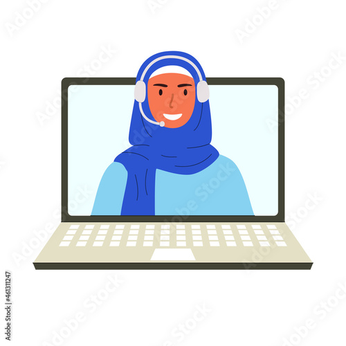 Flat vector cartoon illustration of a woman in a hijab in a headset. Online consultant. Video calling technology, a chatbot with artificial intelligence. Isolated design on a white background.