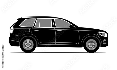 Modern suv car flat icon. Black illustration isolated on a white background. Vehicle sign view from side. Suv car symbol. photo