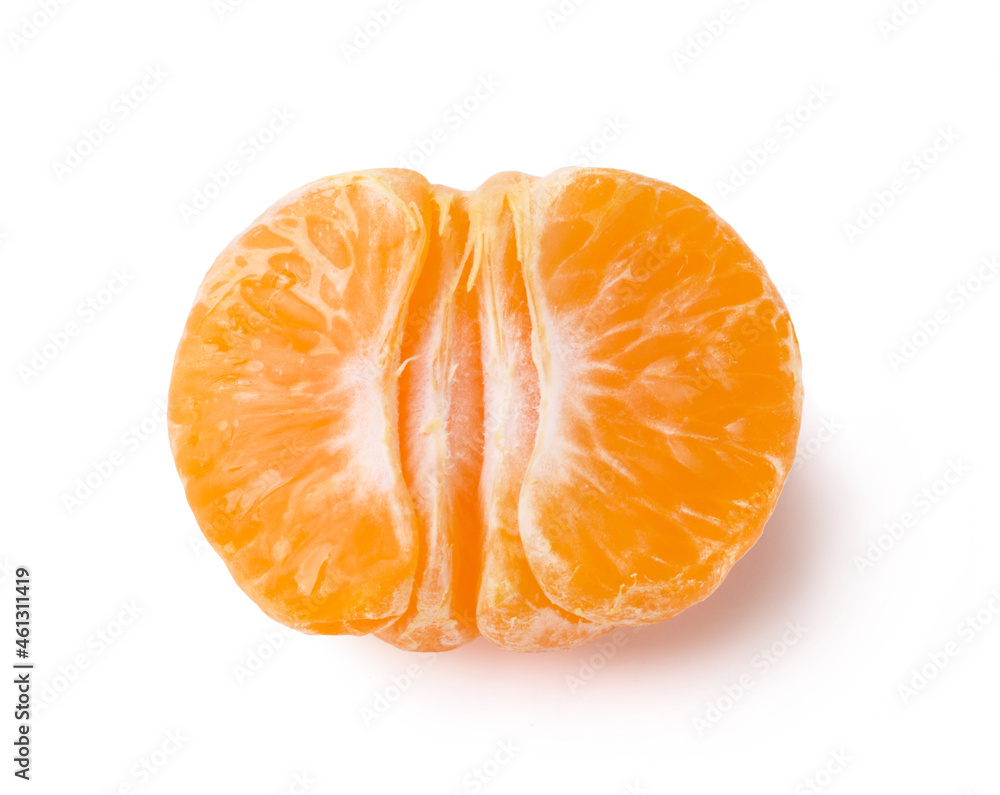 Ripe juicy peeled mandarin half isolated on white background. Ripe juicy peeled mandarin half isolated on white background.