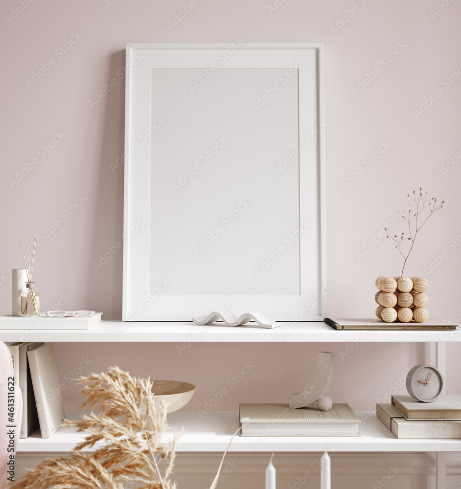Frame mockup in modern feminine living room interior background, 3d render - obrazy, fototapety, plakaty 