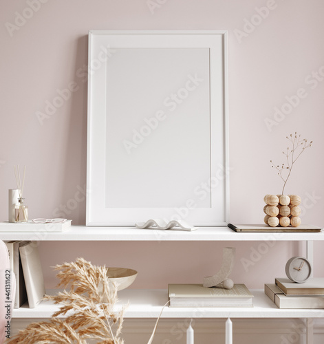 Frame mockup in modern feminine living room interior background, 3d render