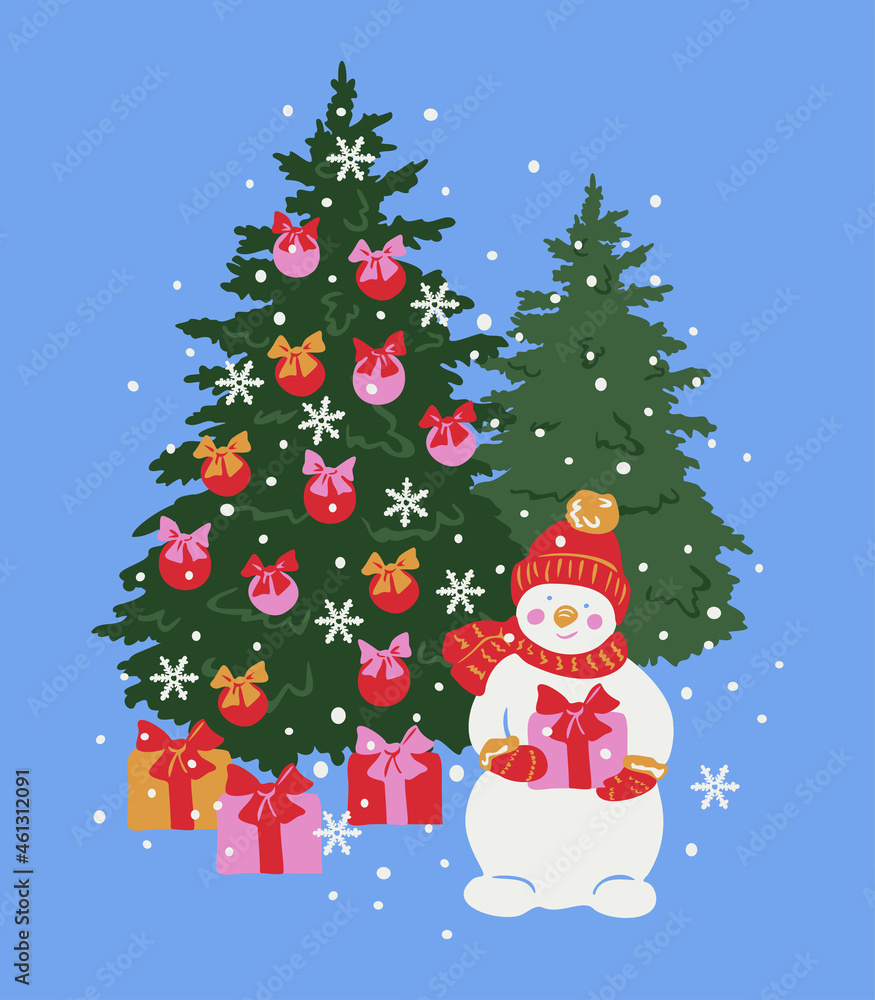 Vector illustration with Christmas tree with baubles, snowman and presents. Bright design for postcard. Vector illustration with Christmas tree with baubles, snowman and presents. Bright design for postcard.