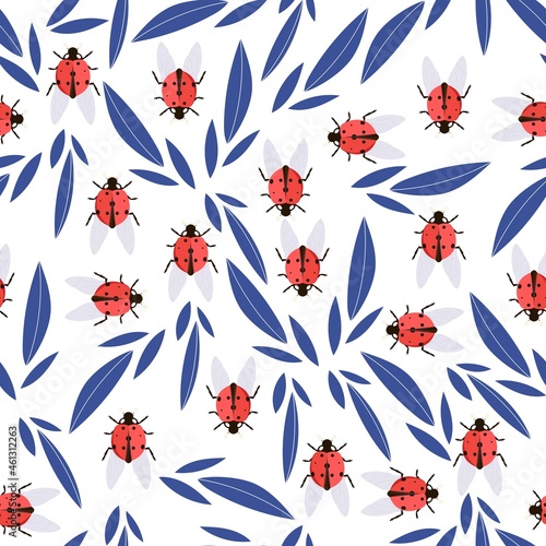 Seamless vector pattern with ladybug and leaves. Background with insects
