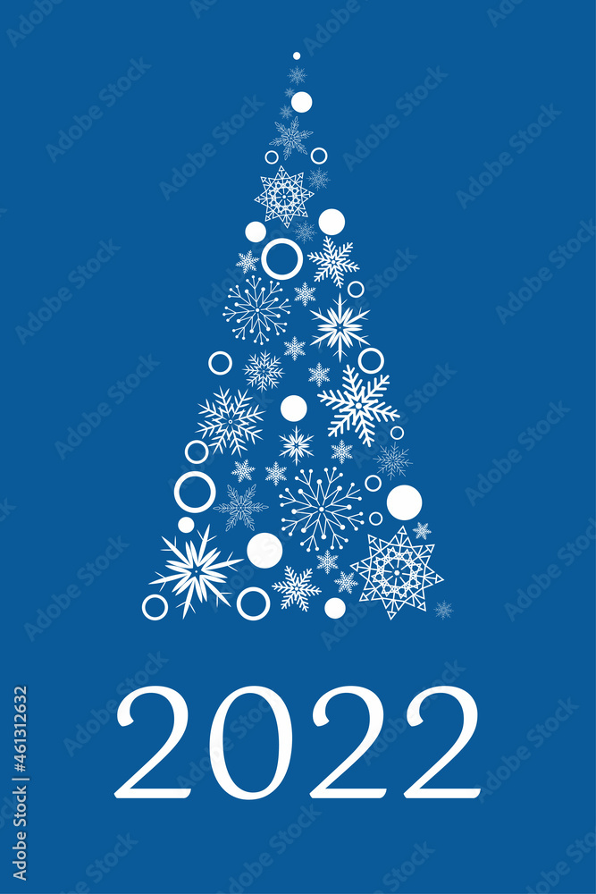 Christmas tree made of white snowflakes on a blue background, New Year card text 2022, vector Christmas tree made of white snowflakes on a blue background, New Year card text 2022, vector