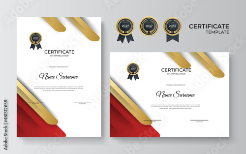 Red and gold certificate of achievement template with gold badge and border frame design