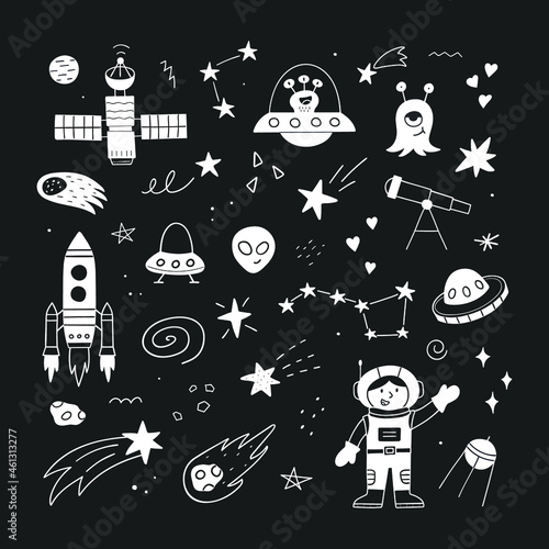 Hand drawn cute black and white space set. Vector illustration. Planets, aliens, rockets, UFO, stars on black background.