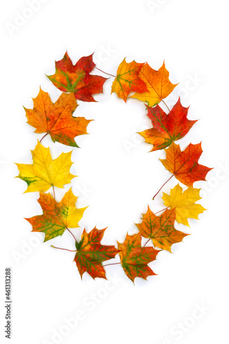 Letter O of colorful autumnal maple leaves on white background. Top view, flat lay