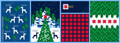 Christmas and New Year Cards, Pattern Set. Geometric, Modern, Minimalist style. Corporate Holiday cards, invitations, backgrounds, greeting, posters, covers, print. Sketch Vector illustration.