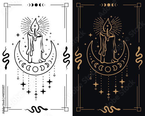 Illustration of mystic flaming candle with melting wax on half moon