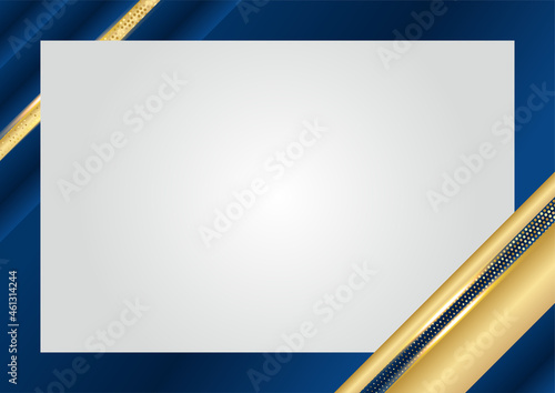 Luxury dark blue overlap dimension background on metal pattern. Colorful golden glitters halftone texture with shiny realistic golden elements. Modern vector design template