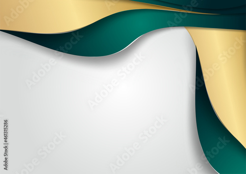 Abstract luxury dark green overlap layer with golden line on silver background. Luxury and elegant background. Abstract template design. Design for presentation, banner, cover, business card