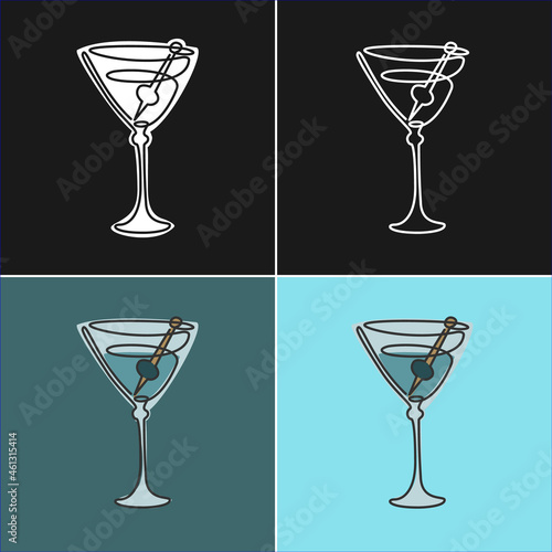 One line drawing martini glass with olive on various background. Four types of images. Colored cartoon graphic sketch. Continuous line way. Hand drawn party drinks concept. Freehand drawing style