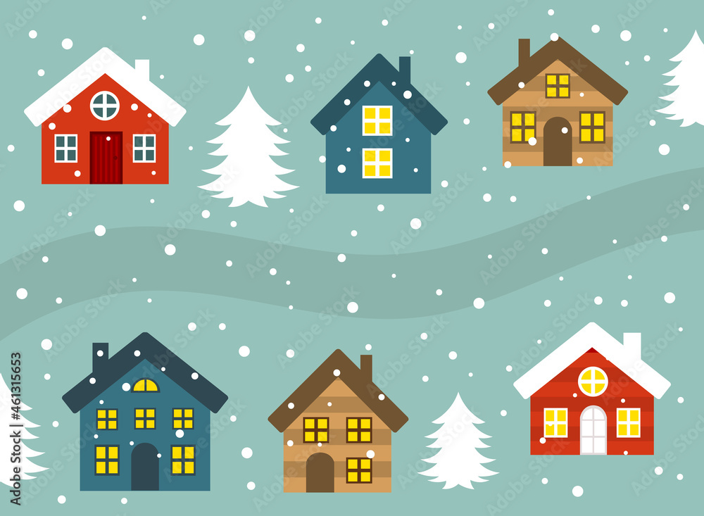 Winter town, cute colorful houses.
