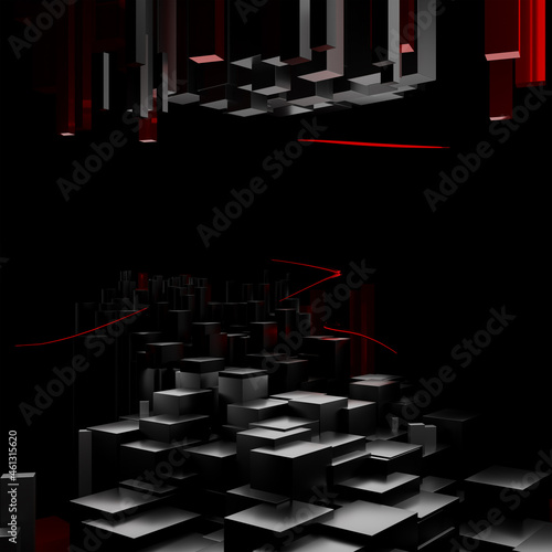Multiple pattern of black cubes and red glowing lines in a deep background.