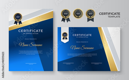 Blue and gold certificate template. Modern blue certificate award or diploma template set of two, portrait and landscape design in A4 size. Suit for business, education, award and more