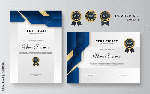 Blue and gold certificate template. Modern blue certificate award or diploma template set of two, portrait and landscape design in A4 size. Suit for business, education, award and more