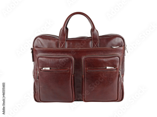 Business bag or case in brown leather. Isolated on white background