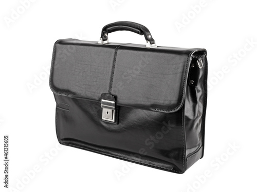 Business bag or case in black leather. Isolated on white background