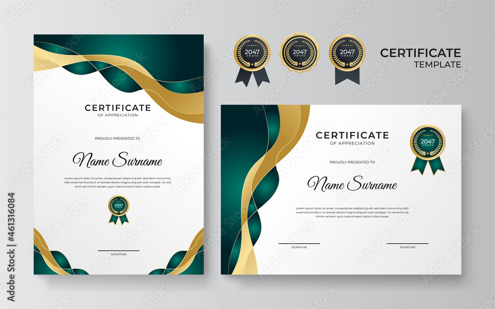 Elegant and professional green and gold award certificate template ...
