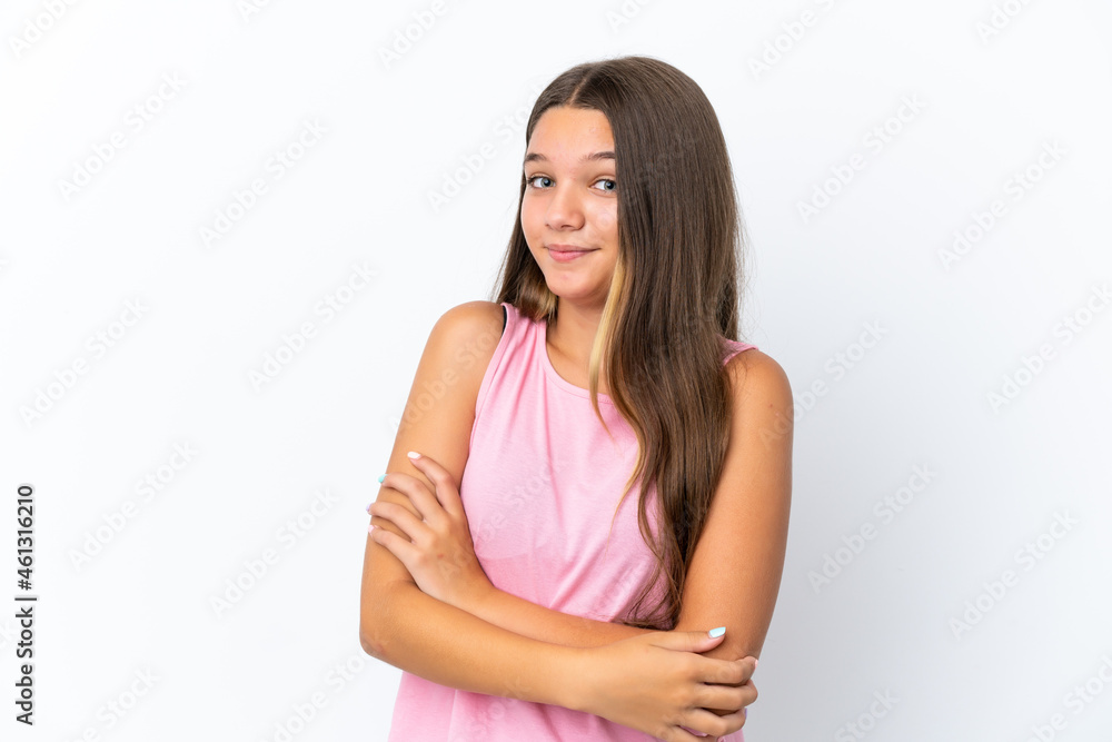 Little caucasian girl isolated on white background making doubts gesture while lifting the shoulders Little caucasian girl isolated on white background making doubts gesture while lifting the shoulders