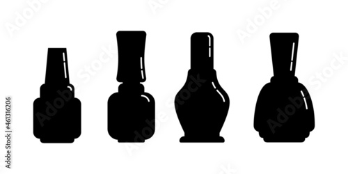 Cosmetic container nail polish. Female makeup product. Four plastic or glass bottle. Fashion and style. Black silhouette. Clean object. Illustration isolated white background