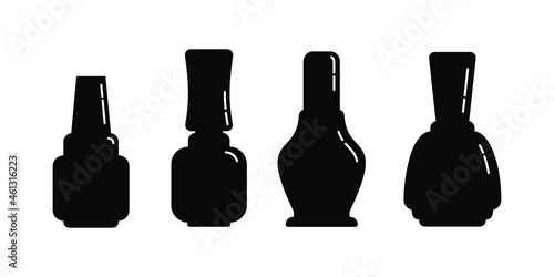 Cosmetic container nail polish. Female makeup product. Four plastic or glass bottle. Fashion and style. Black silhouette. Clean object. Illustration isolated white background.