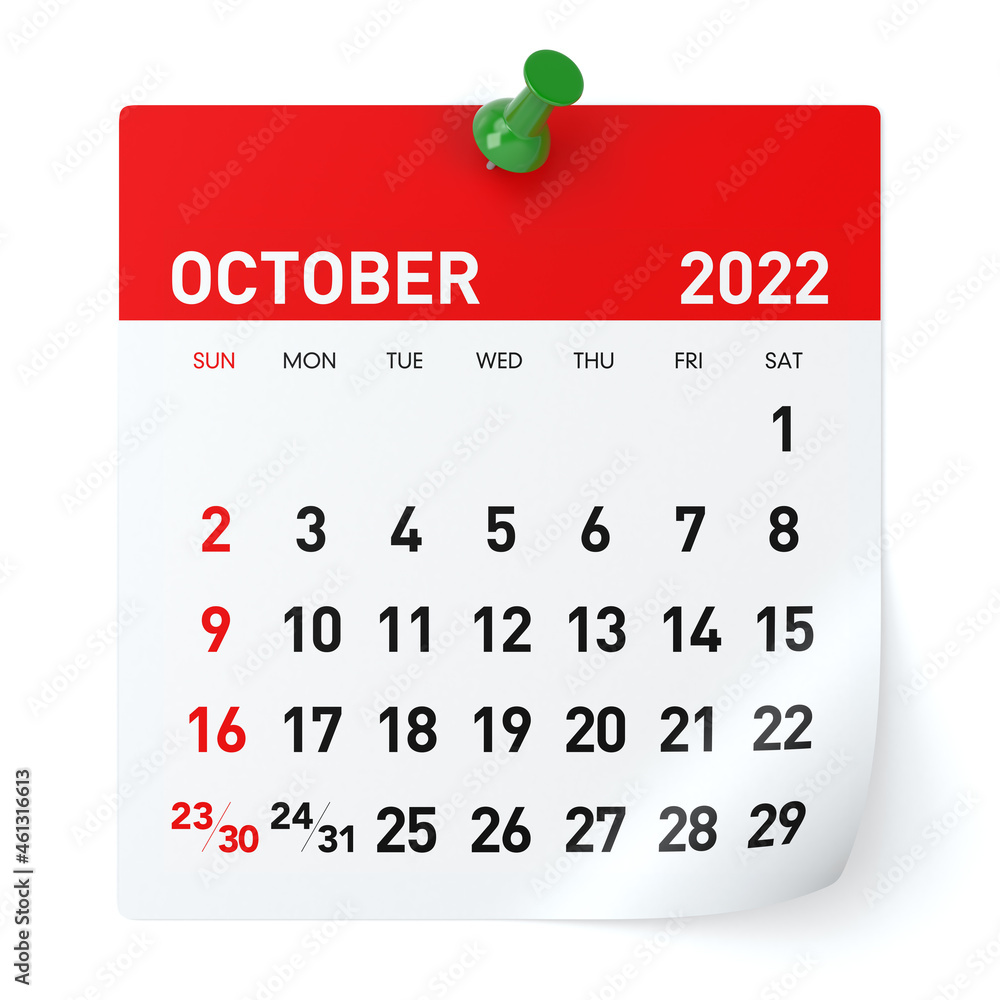 October 2022 - Calendar. Isolated on White Background. 3D Illustration - obrazy, fototapety, plakaty 