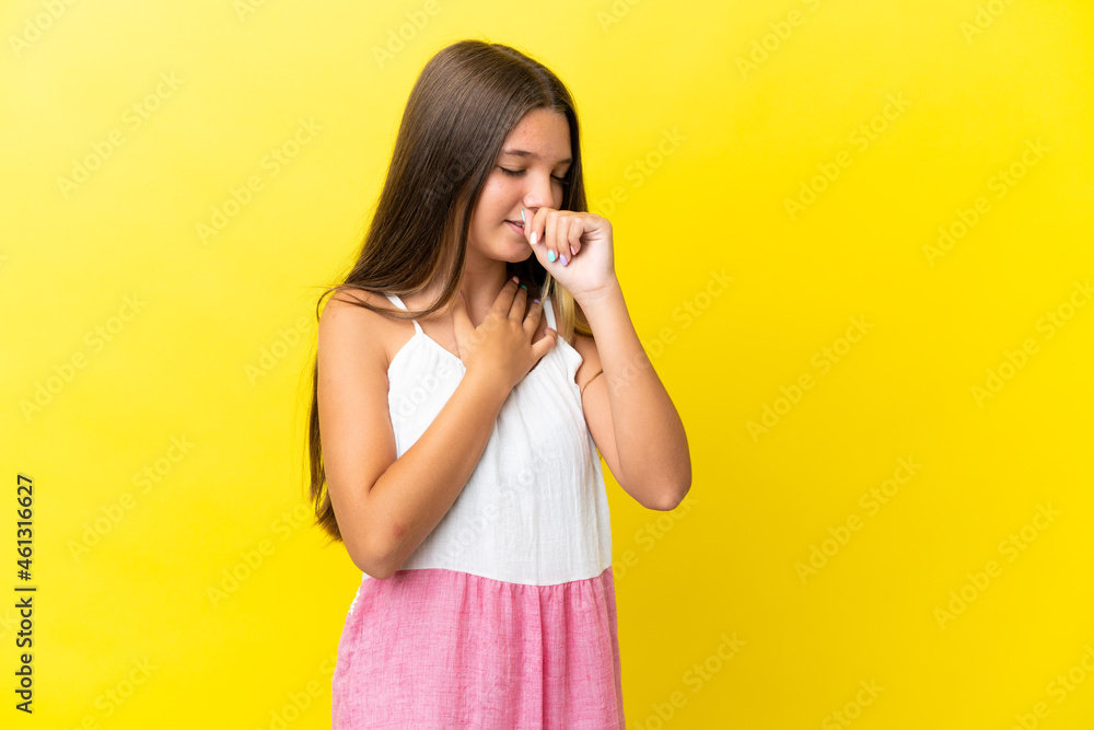 Little caucasian girl isolated on yellow background coughing a lot Little caucasian girl isolated on yellow background coughing a lot