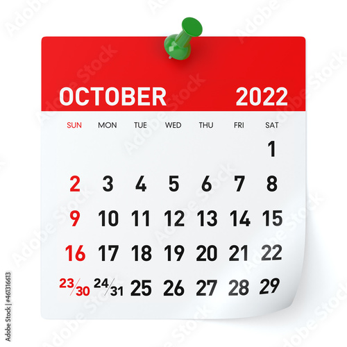 October 2022 - Calendar. Isolated on White Background. 3D Illustration