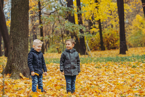 cute happy caucasian boys throw yellow fallen leaves up in the air. Autumn mood © Yulia Raneva