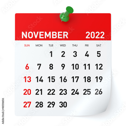 November 2022 - Calendar. Isolated on White Background. 3D Illustration