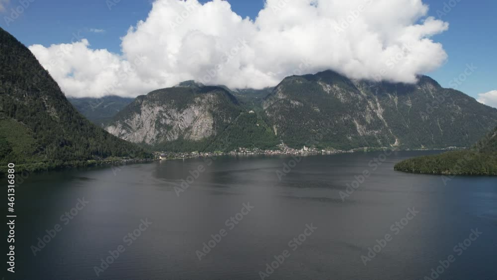 Aerial view of Hallstätter See or Lake Hallstatt and big mountains Alps next to village Hallstatt in Austria, travel and nature concept Aerial view of Hallstätter See or Lake Hallstatt and big mountains Alps next to village Hallstatt in Austria, travel and nature concept