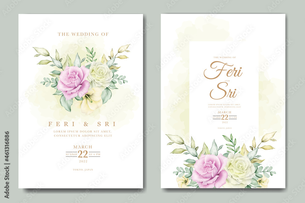 beautiful flowers and leaves watercolor wedding invitation card template