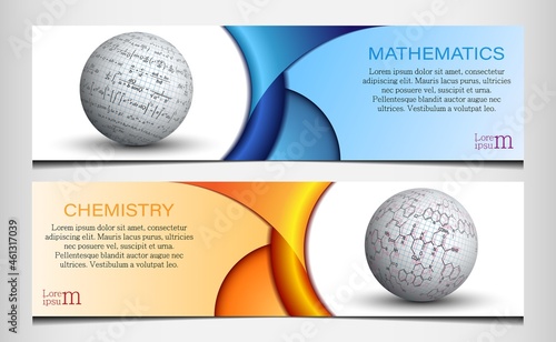 Banners with formulas in mathematics and chemistry. Vector illustration of the image of formulas in mathematics and chemistry on realistic white spheres with the texture of a notebook sheet.
