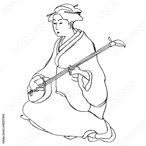 Sitting Japanese woman or geisha in kimono playing the shamisen. Hand drawn linear doodle sketch. Black silhouette on white background. Isolated vector illustration. 