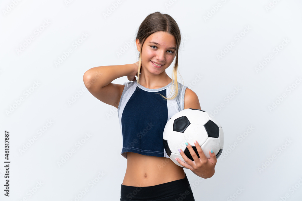 Little caucasian girl playing football isolated on white background laughing Little caucasian girl playing football isolated on white background laughing