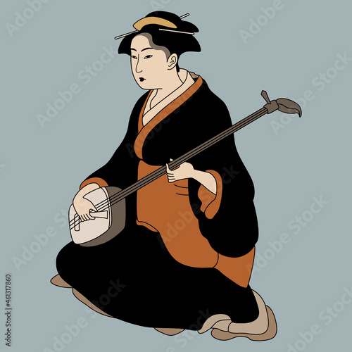 Sitting Japanese woman or geisha in kimono playing the shamisen. Traditional style. Isolated vector illustration.  On blue background.