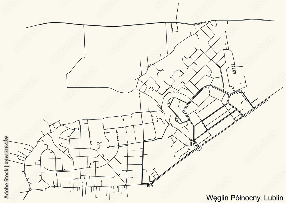 Obraz premium Detailed navigation urban street roads map on vintage beige background of the quarter Węglin Północny district of the Polish regional capital city of Lublin, Poland