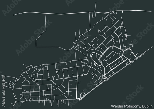 Detailed negative navigation urban street roads map on dark gray background of the quarter Węglin Północny district of the Polish regional capital city of Lublin, Poland
