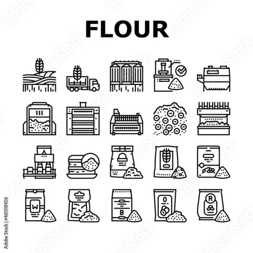 Flour Factory Industry Production Icons Set Vector. Wheat And Oat, Barley And Rice Flour For Baking Pastry Dessert. Agronomy Field With Growing Plant Industrial Machine Black Contour Illustrations