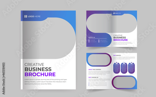 Corporate business Bifold brochure design. Blue template for bi-fold flyer. Layout with modern triangle photo and abstract background. Creative concept folded flyer or brochure.