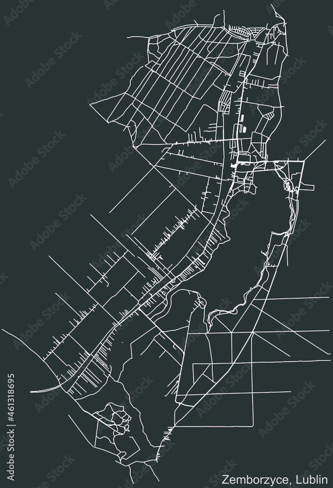 Detailed negative navigation urban street roads map on dark gray background of the quarter Zemborzyce district of the Polish regional capital city of Lublin, Poland